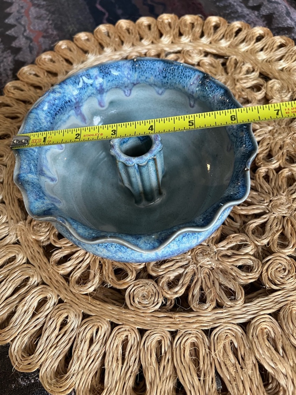 Handmade Blue Glazed Ceramic Flower Frog Vase Studio Pottery Bud Bowl 7” - Picture 3 of 9